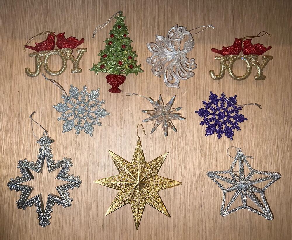 Assorted Multicolor Plastic Snowflake Ornaments Joy and Joy w/ Cardinals Lot  10